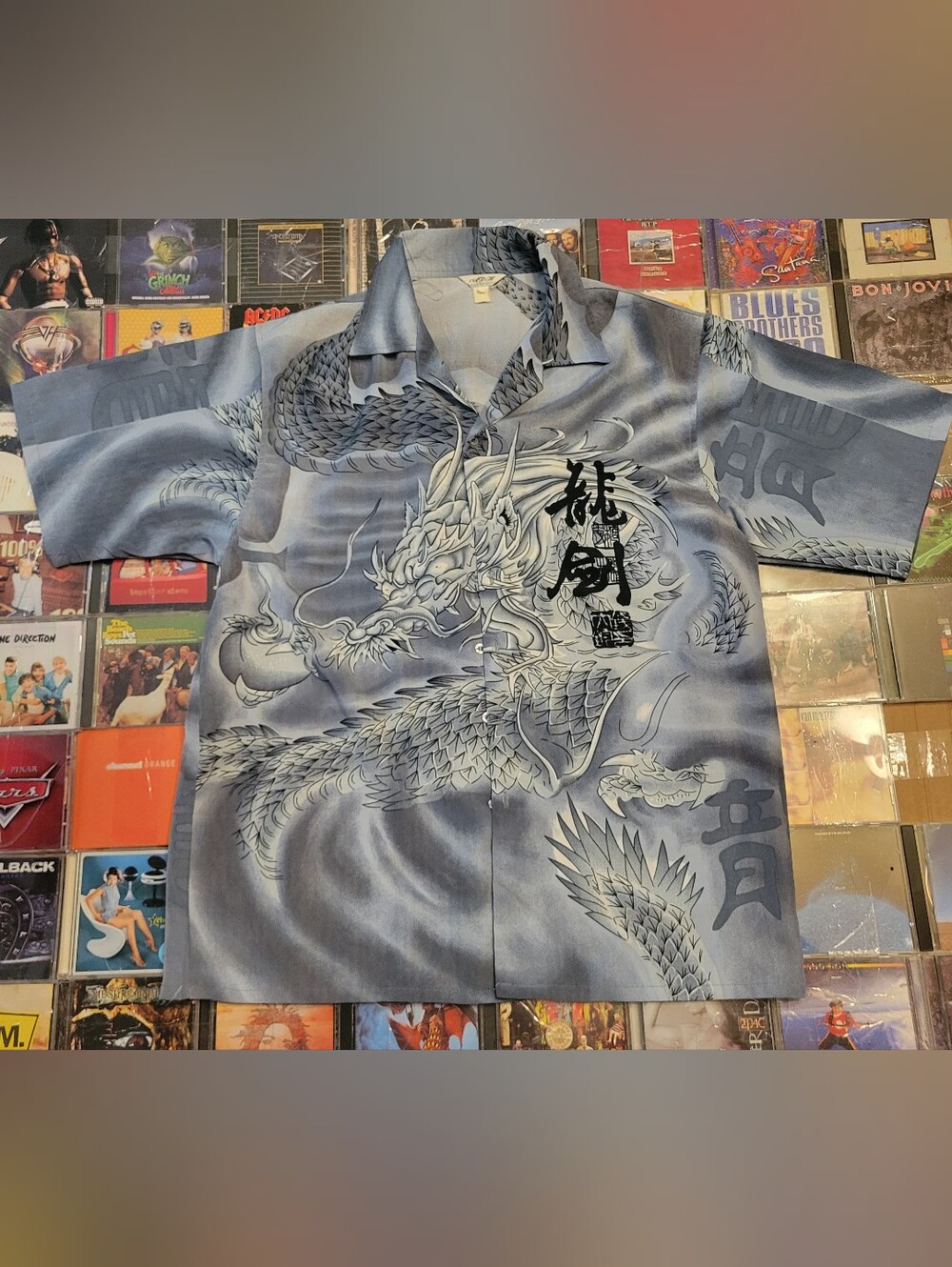 Men's Dragon Print Short-Sleeve Shirt Button Up - Blue